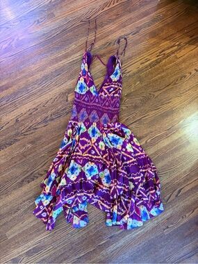Bohemian Purple Printed Midi Dress with Spaghetti Straps